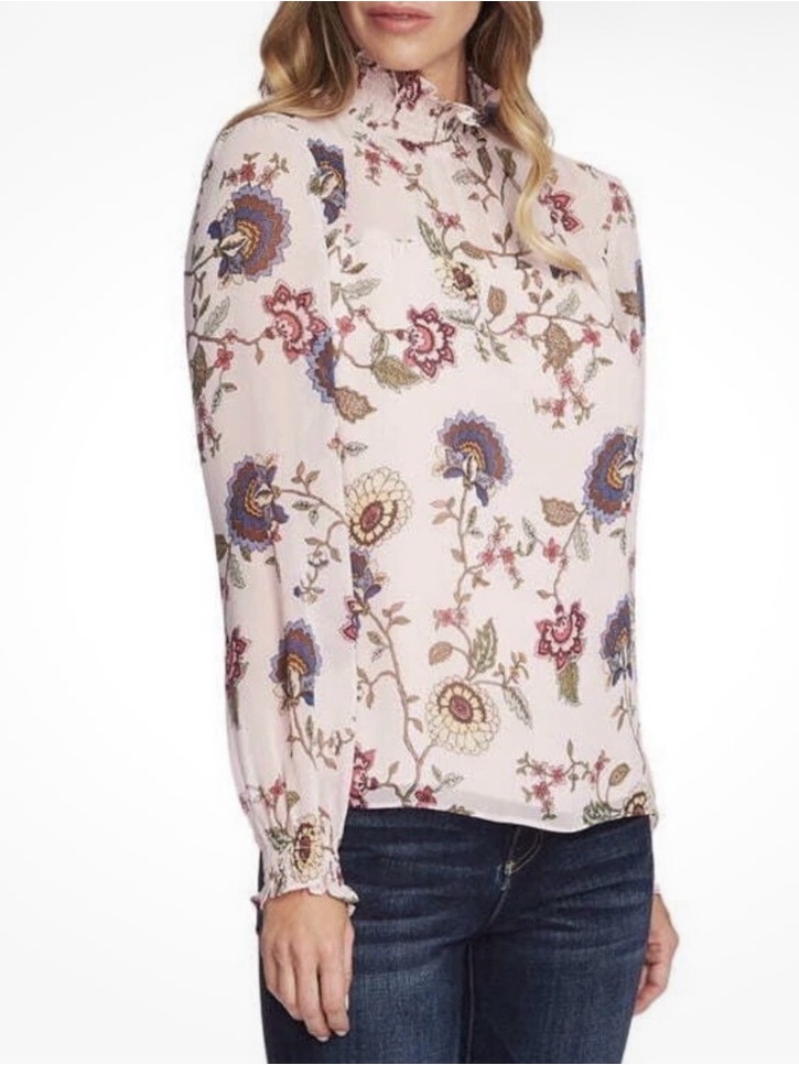 Vince Camuto Floral Print Mock Neck Long-Sleeve Blouse Sz M